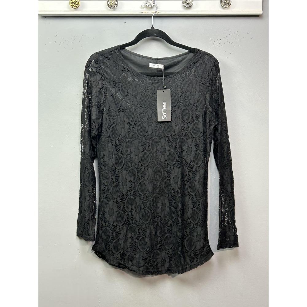SoTeer‎ Shirt Womens Small Black Lace Floral Sheer Long Sleeve Tunic Blouse Top